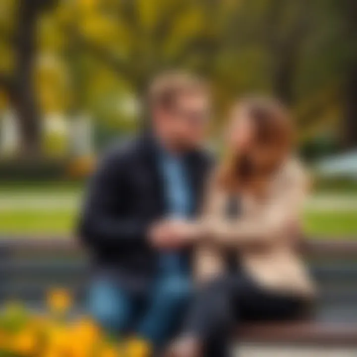 A couple sitting close on a park bench, looking at each other with thoughtful expressions while discussing their relationship.