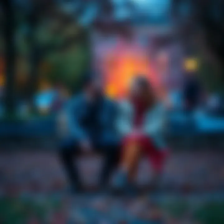 A couple sitting on a park bench, smiling and enjoying each other's company, representing attraction and connection.