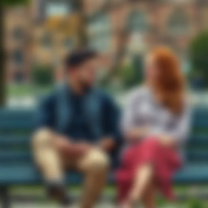 A couple in their early thirties sitting on a park bench, sharing their thoughts on love and marriage, with a thoughtful expression on their faces.