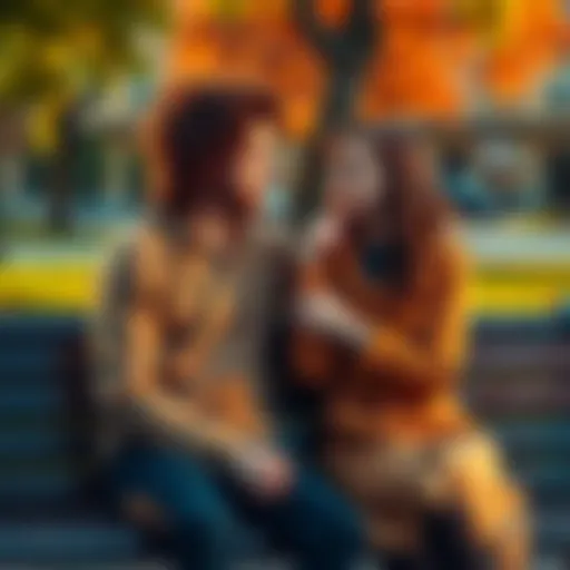 A Leo and an Aquarius sit on a park bench, looking at each other with mixed emotions, showing feelings of uncertainty and attraction.