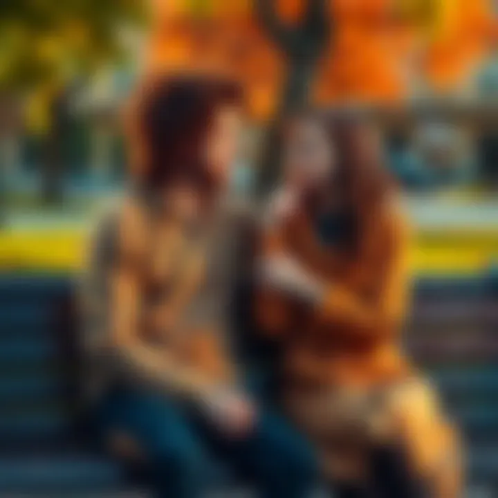 A Leo and an Aquarius sit on a park bench, looking at each other with mixed emotions, showing feelings of uncertainty and attraction.