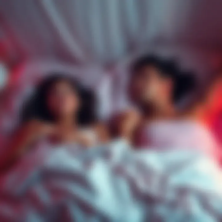 A couple lying in bed, both looking startled and unable to move, capturing the moment of shared sleep paralysis.