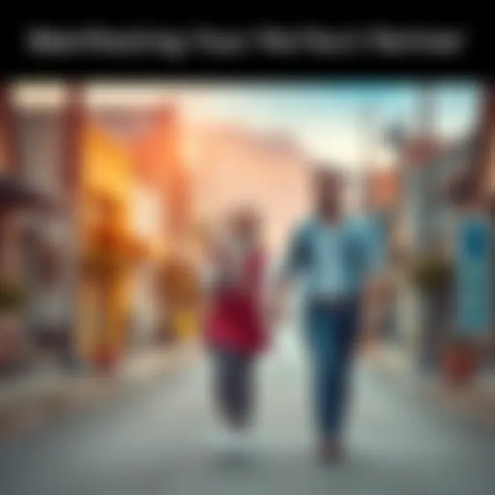 A happy couple walking hand in hand through a small town, enjoying each other's company and looking content
