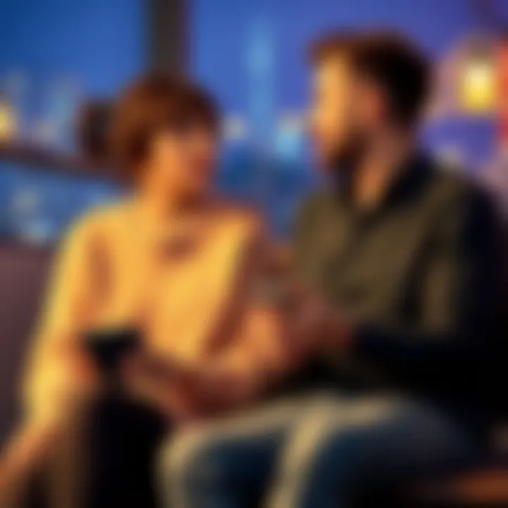 A couple sitting together, looking concerned while discussing issues related to social media use in their relationship.