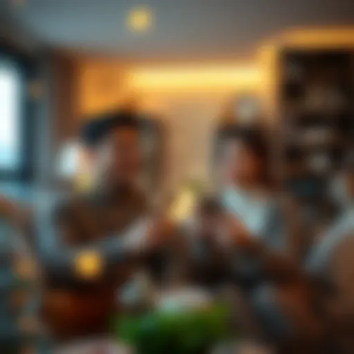 A couple observing strange sparkles falling in their cozy living room, looking surprised and curious.