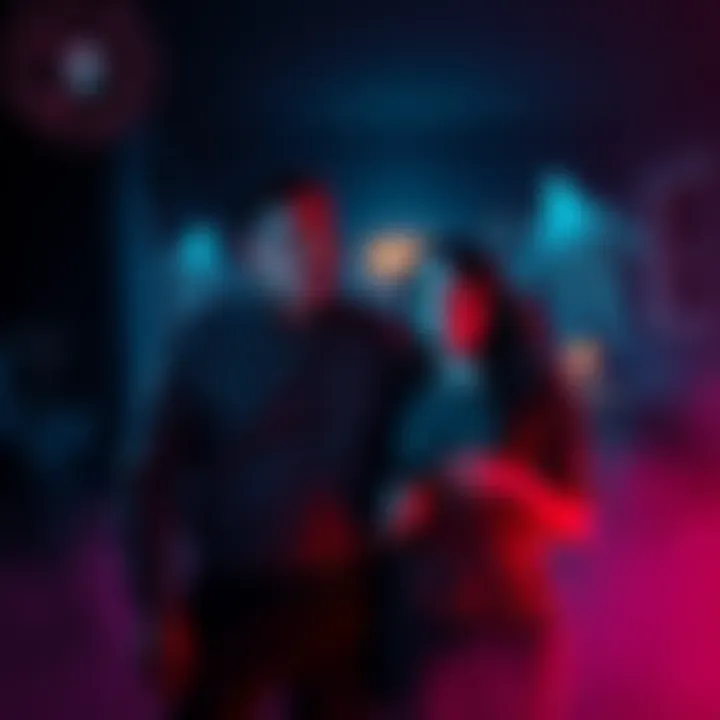 Couple looking concerned in a dimly lit room, with objects moving and ghostly figures appearing.