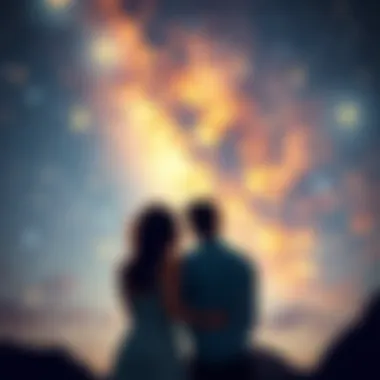 Couple looking at a starry sky A young couple gazes at a starry sky, symbolizing love and future connections. Astrological elements surround them, hinting at marriage predictions.