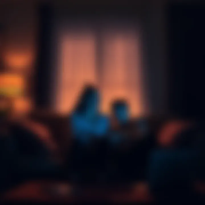Couple Listening to Strange Sounds A couple sitting in a dimly lit living room, looking alarmed while listening to eerie sounds, with shadows around them suggesting a haunting atmosphere.