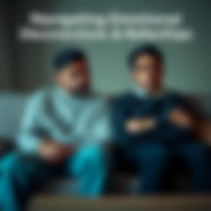 A couple sitting apart on a couch, looking sad and disconnected, with emotional distance between them.