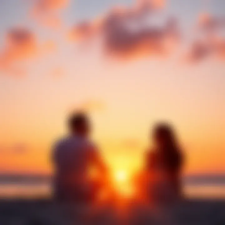 A couple sitting together on a beach at sunset, looking at each other warmly, symbolizing love and connection.