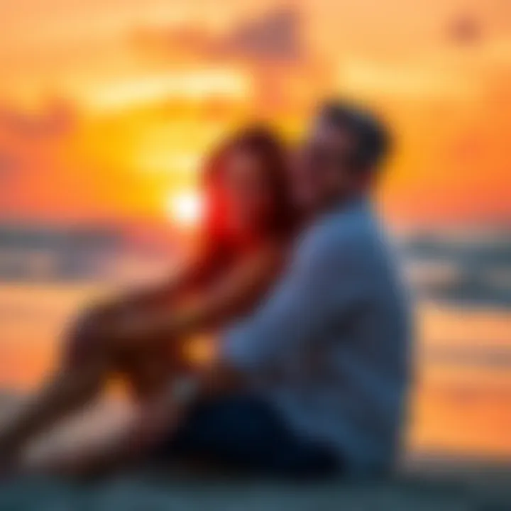 A happy couple sitting on a beach during sunset, smiling and holding hands, representing love and attraction.