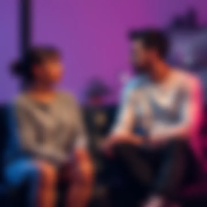 A couple sitting together, discussing personal struggles with addiction, showing a serious but supportive conversation