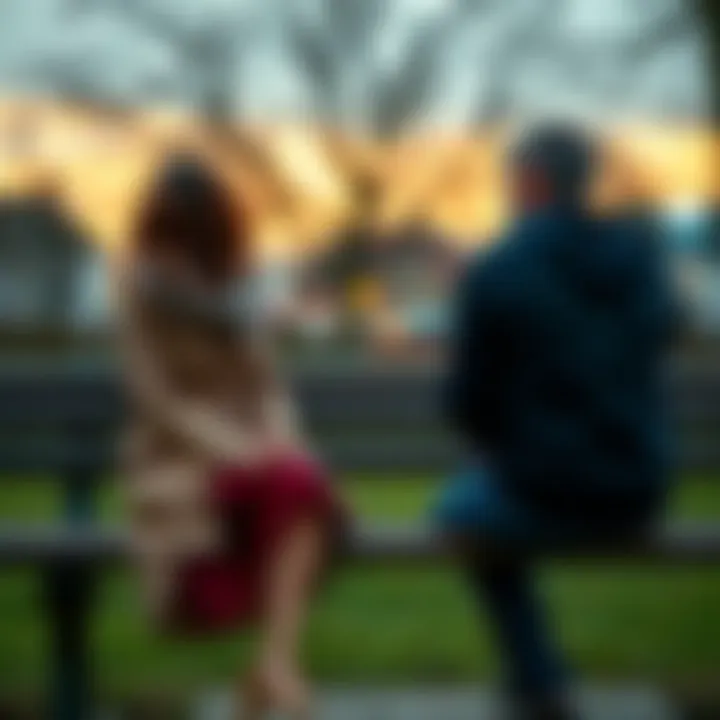 A man and woman sitting on a park bench, having a serious conversation about their past relationship.