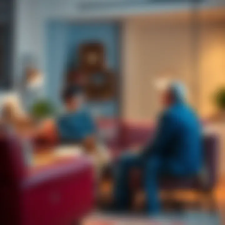 A couple sits on a couch, talking to a counselor in a warm office setting, discussing their relationship issues.