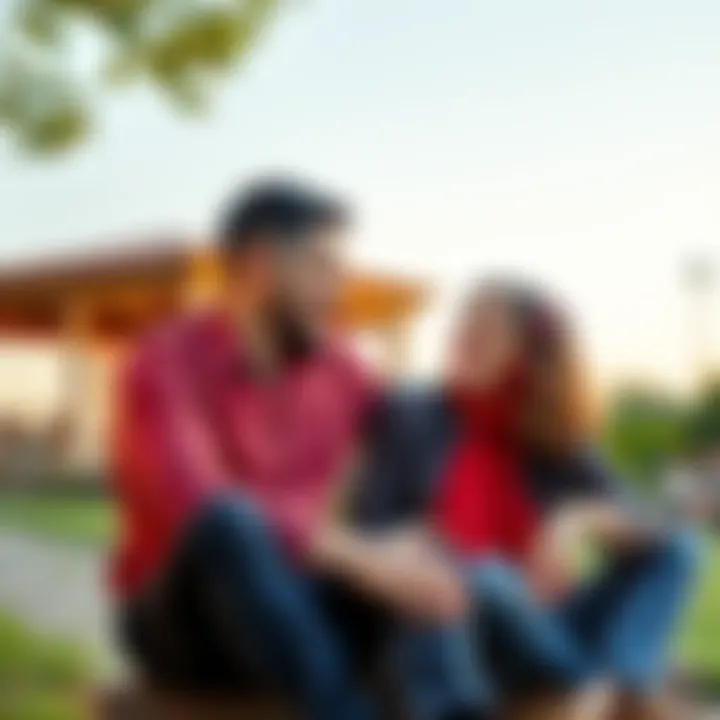 A happy couple sitting outdoors, sharing a joyful conversation about their beliefs in love and the Law of Attraction.