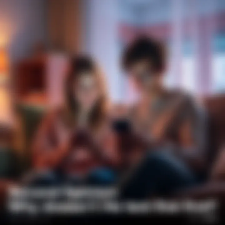 A young couple sitting on a couch, looking at their phones, with one person appearing hesitant to send a message. The room is cozy with soft lighting.