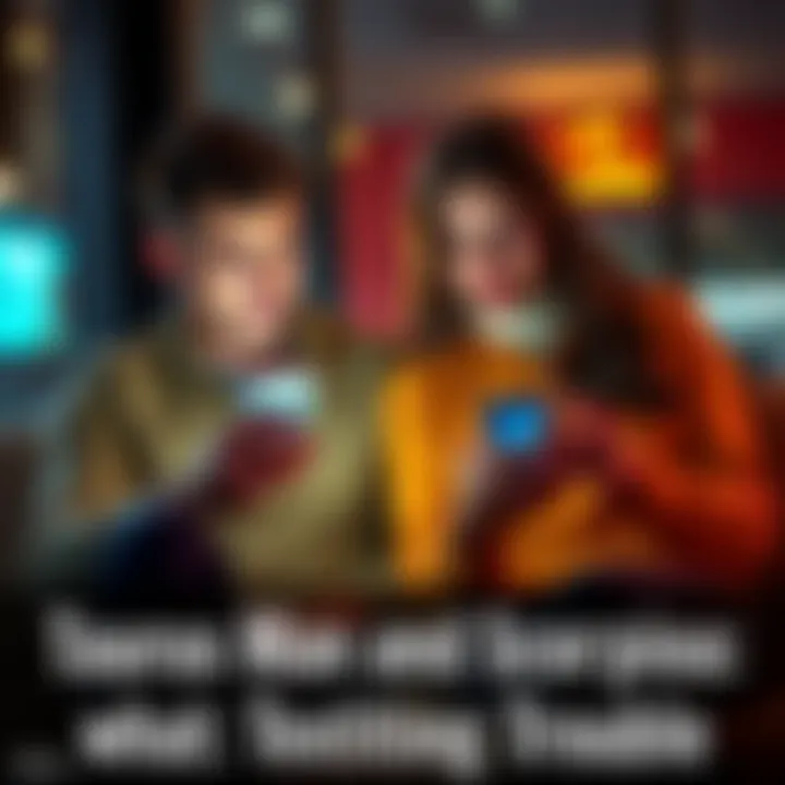 A Taurus man and Scorpio woman sitting together looking at their phones, showing a mix of affection and frustration in their expressions as they discuss communication issues.