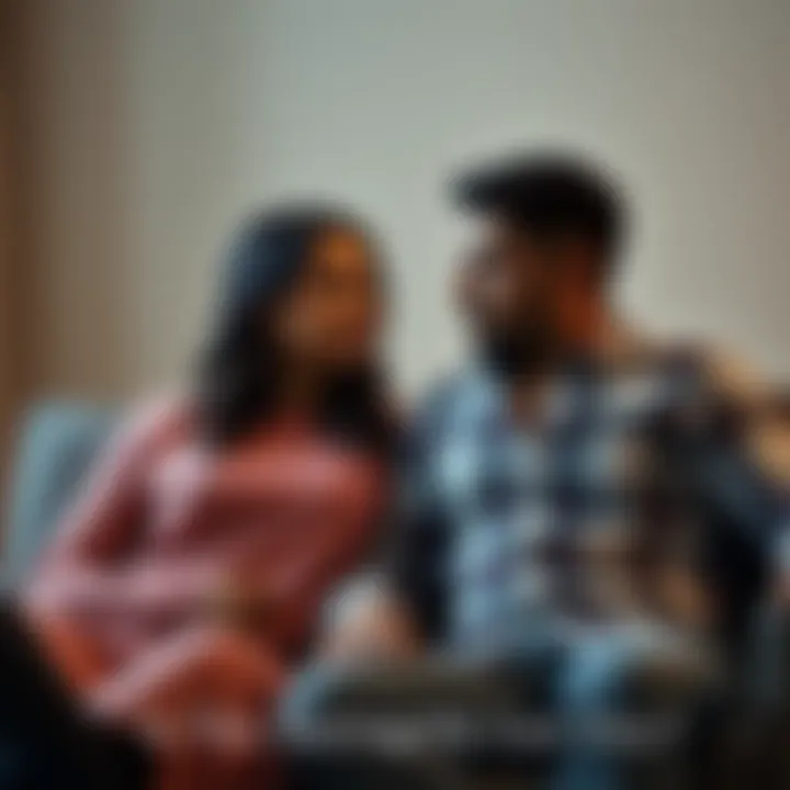 A married couple sitting together on a couch, looking pensive while discussing their feelings about their relationship.