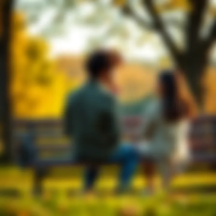 Couple sharing a thoughtful moment Two people sitting on a park bench, looking thoughtful as they reflect on their past relationship, surrounded by nature