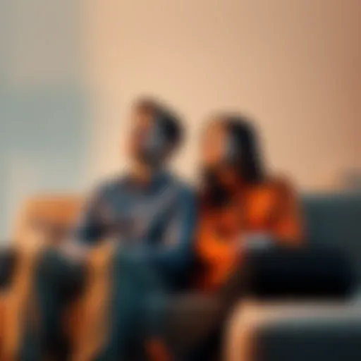 A man and woman sit on a couch, looking lost in thought, reflecting on their relationship choices.