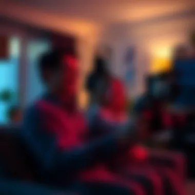Couple filming TikTok with mysterious figure A couple happily filming a TikTok in a living room, with an unexpected shadowy figure appearing in the background