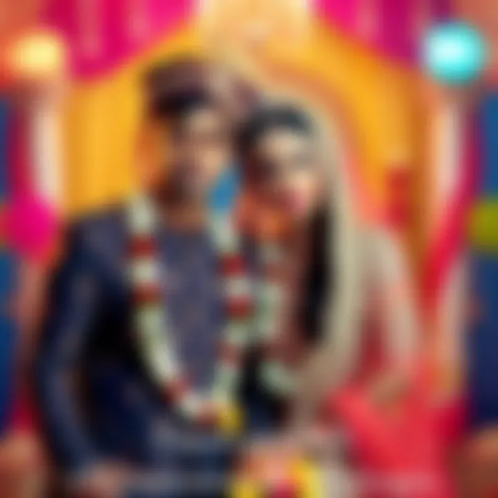 A couple dressed in unique wedding attire, surrounded by colorful decorations, symbolizing unconventional marriages influenced by Rahu in the 7th house.