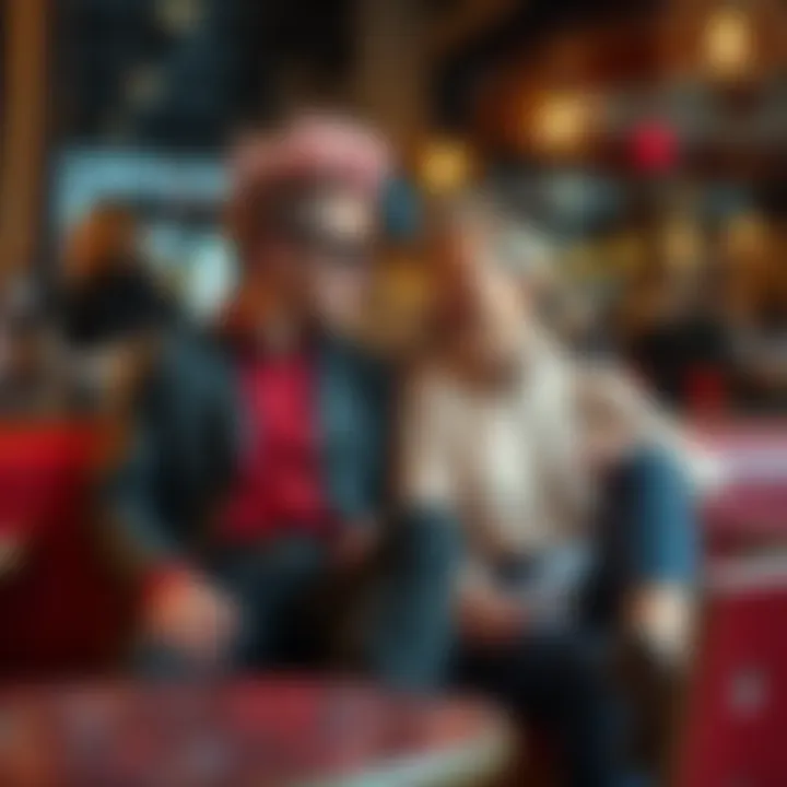 Couple with unique style sitting together A couple with unconventional fashion choices enjoying a conversation at a cafรฉ, illustrating different relationship dynamics.