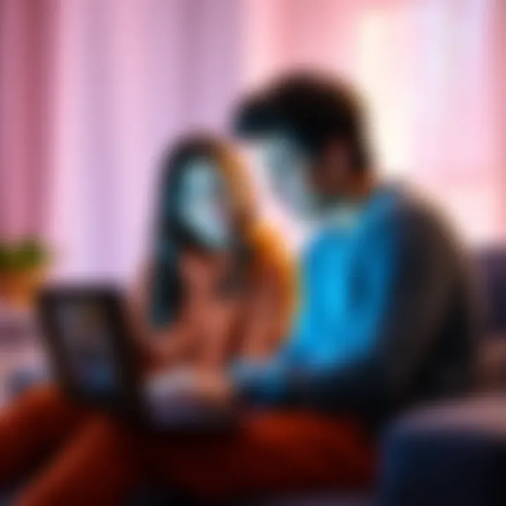 A young couple using a video call on a laptop, showing their connection despite being miles apart.