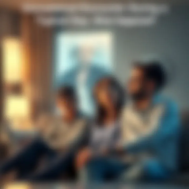 Couple Experiencing a Vision A couple sitting together in their living room, looking surprised as they see a faint image of an older woman in front of them, creating a moment of astonishment.
