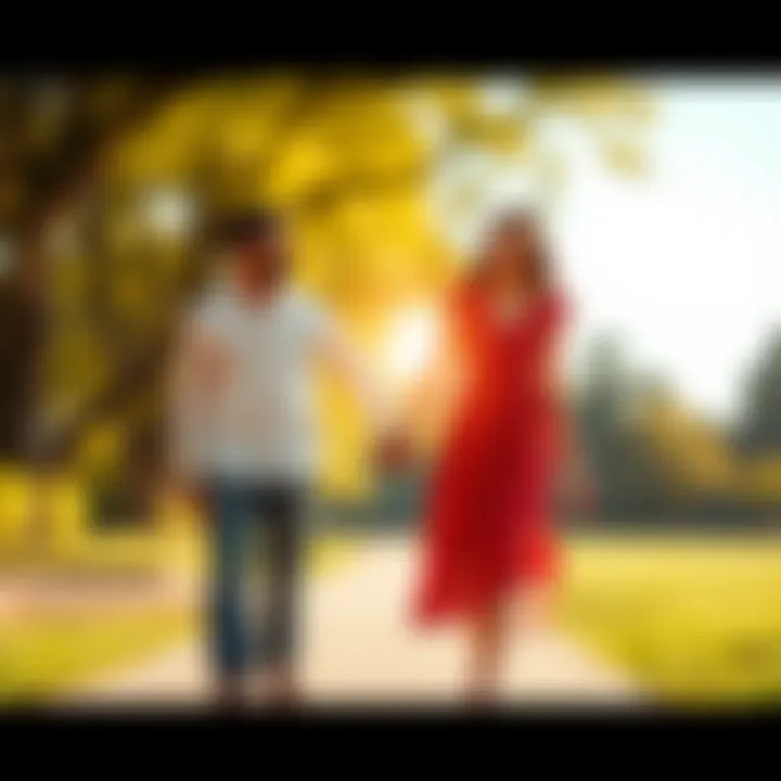 A couple walking hand in hand in a sunny park, symbolizing love and connection. They appear happy and engaged with each other.