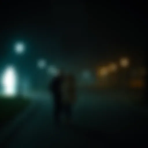 A couple walking in a dimly lit Quebec park with a mysterious white mass and shadows nearby, capturing their startled expressions.