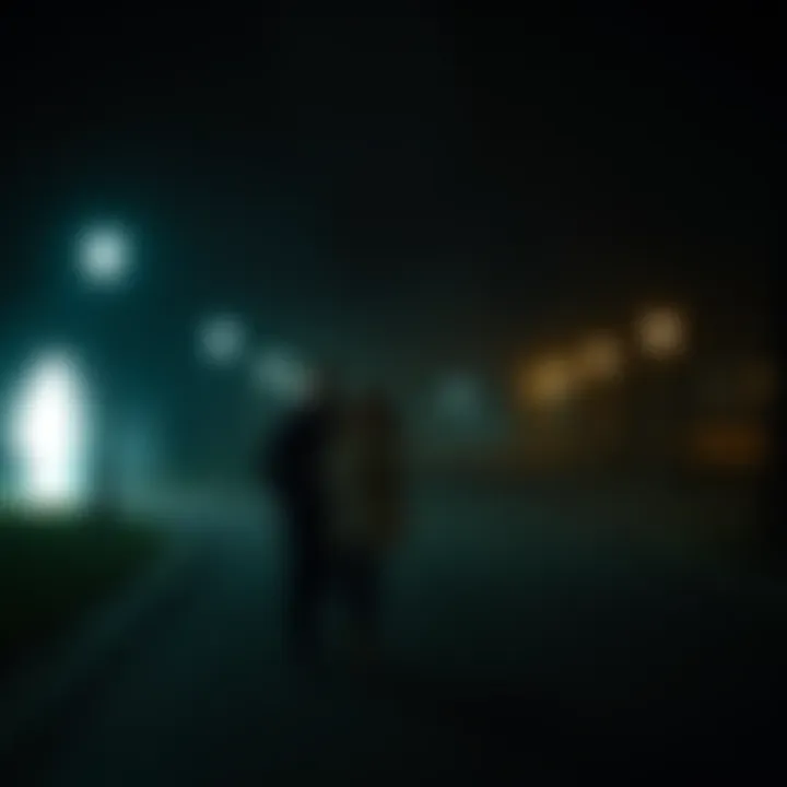 A couple walking in a dimly lit Quebec park with a mysterious white mass and shadows nearby, capturing their startled expressions.