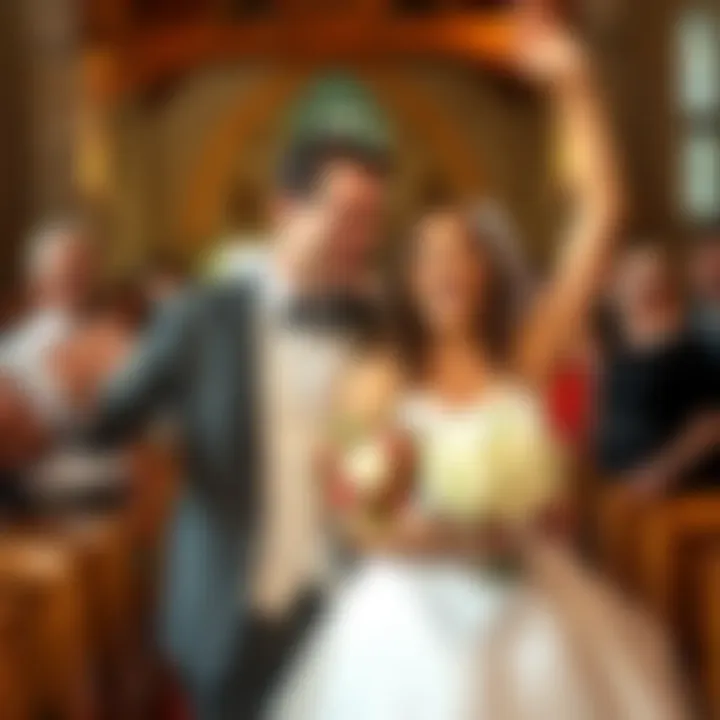A bride and groom happily celebrating their wedding day surrounded by friends and family