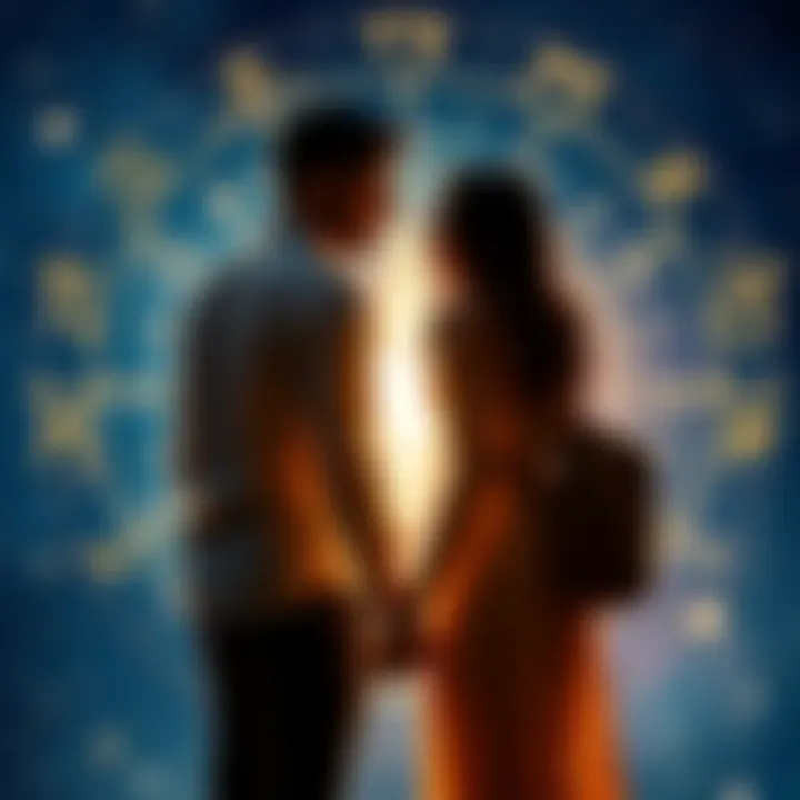 Two people holding hands with zodiac signs in the background representing their astrological compatibility