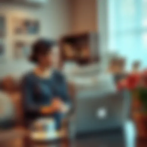 A man and woman discussing their work-life balance at home, surrounded by family pictures and a laptop, symbolizing marriage and career harmony.