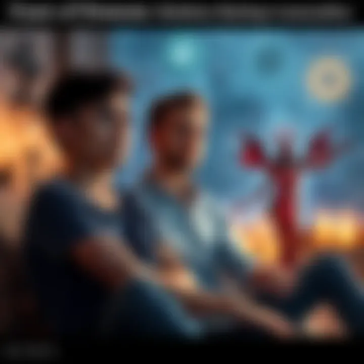 Couple sitting together looking worried A couple appearing anxious while discussing concerns about demons and relationships, with spiritual symbols in the background