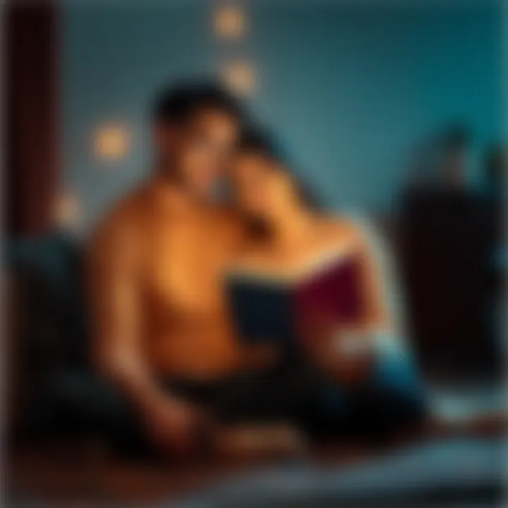 A couple sitting together with a book, symbolizing a love reading