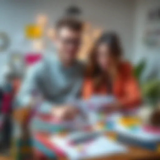 A couple creating personalized cards together, surrounded by art supplies like markers, colored paper, and stickers.