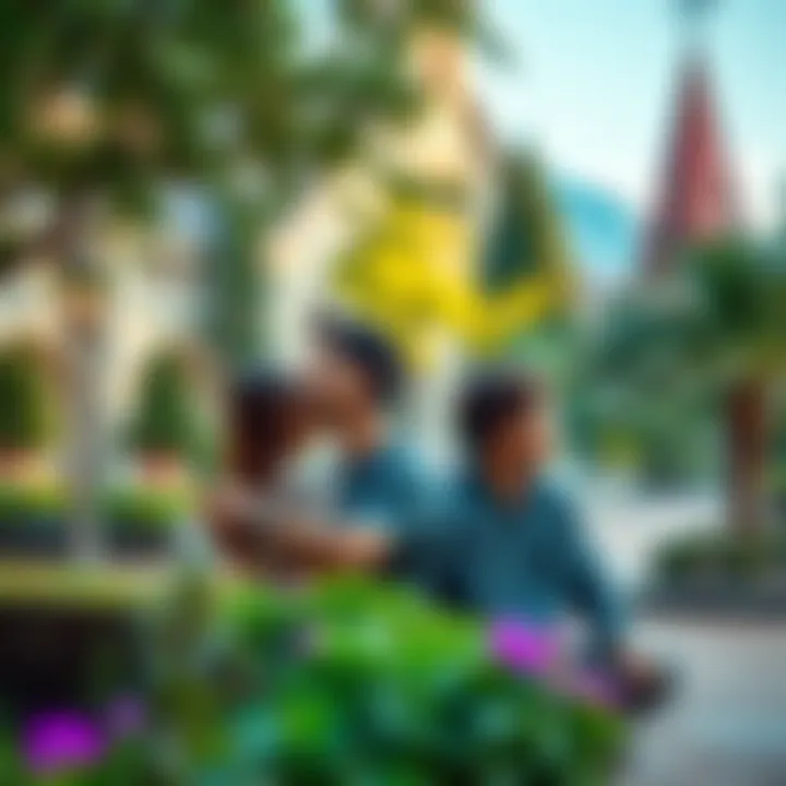 A couple enjoying peaceful time together in a serene monastery garden, surrounded by nature and tranquility.