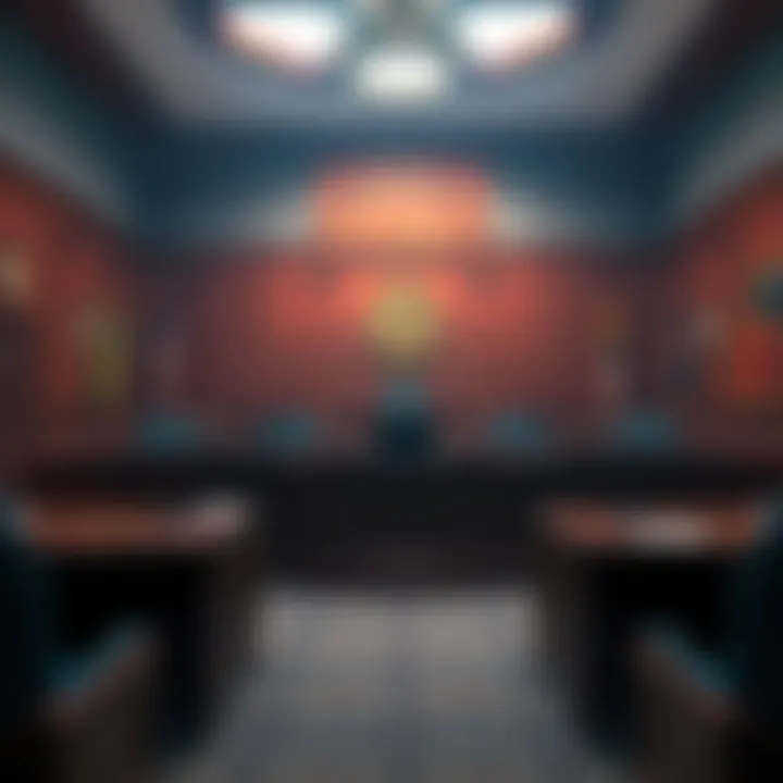 A courtroom scene with legal documents highlighting allegations of abuse within Shambhala.