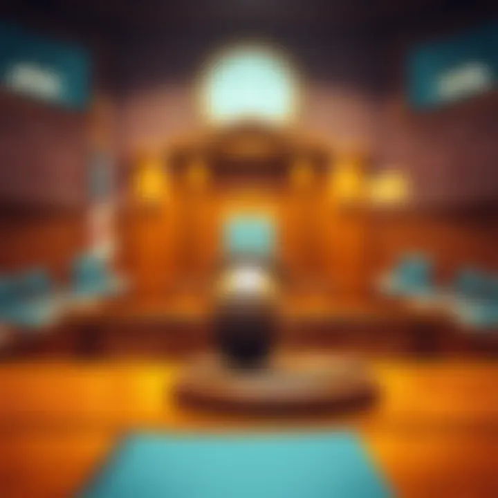 A wooden gavel resting on a judge's bench in a courtroom, symbolizing legal decisions and trends.