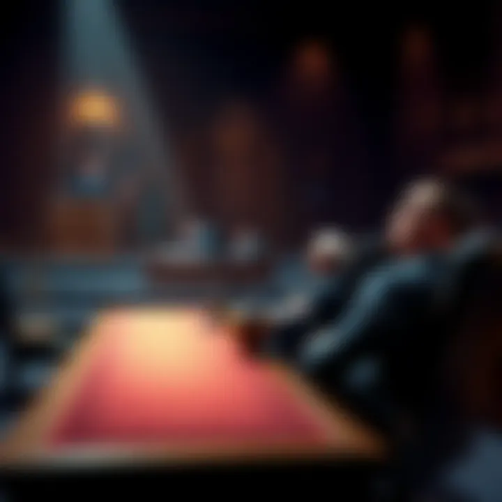 A courtroom with a judge, lawyers, and a defendant sitting at a table, symbolizing serious legal matters.