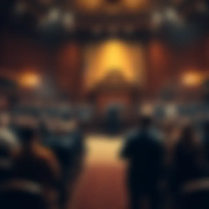 A tense courtroom filled with observers, lawyers, and a judge presiding over a case, highlighting the atmosphere of anticipation.