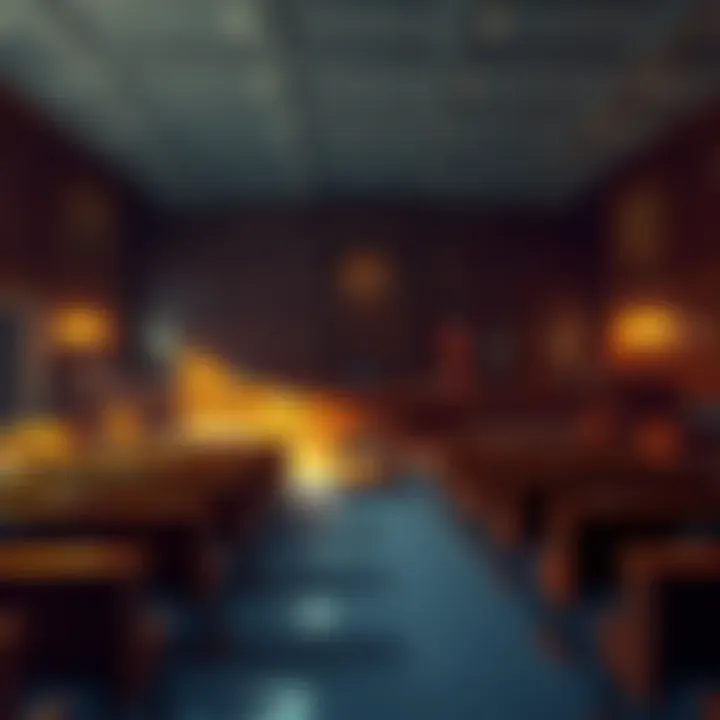 A courtroom with a judge, lawyers, and empty benches, symbolizing legal proceedings and case dismissals.