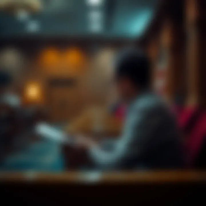 A person sitting nervously in a courtroom, looking at their documents while waiting for the hearing to start