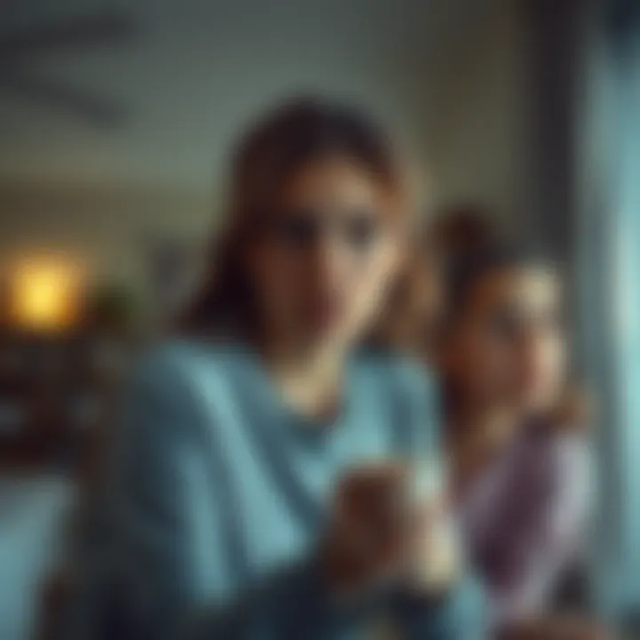 A 22-year-old woman looking frightened as she sees a ghostly figure of an elderly man, her deceased grandfather, in her home. Her younger sister watches in shock.