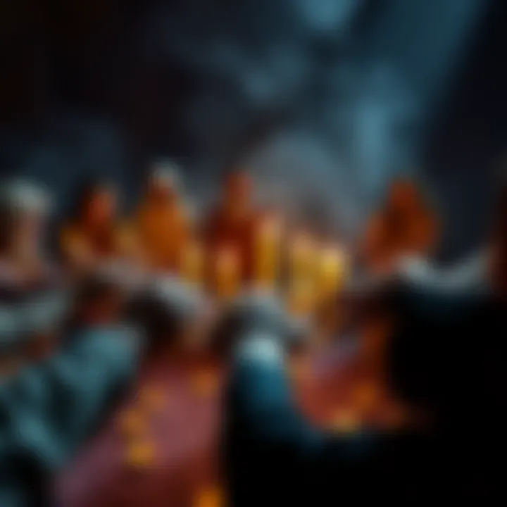 A circle of people holding hands around candles, creating a spiritual atmosphere for a coven or psychic group meeting.