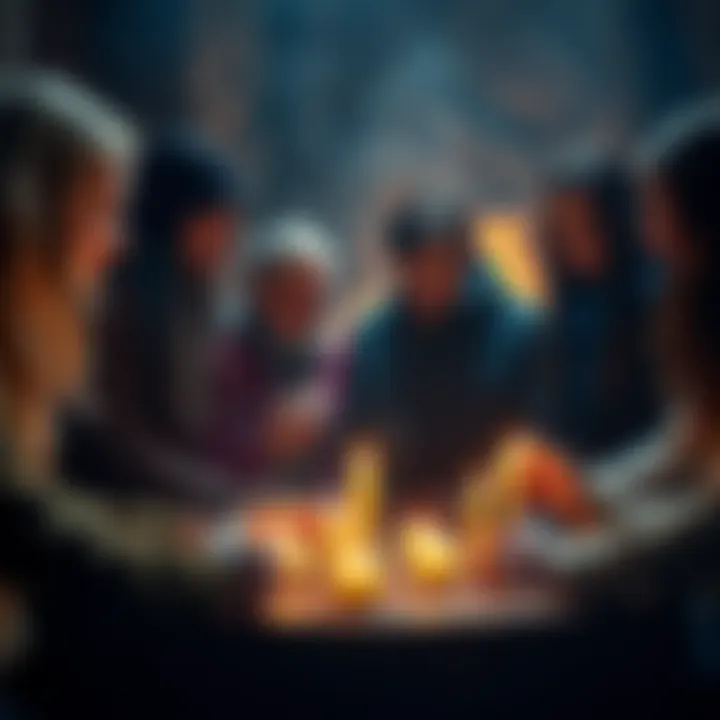 Group of individuals in a circle performing a spell, focused expressions and candles lit around them
