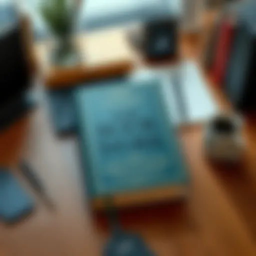 A book titled 'The Book of the Work' placed on a wooden desk, surrounded by office supplies and a coffee cup, symbolizing themes of work and creativity.