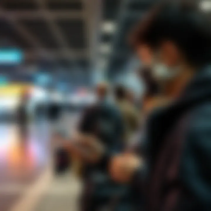 A person using a smartphone in a public place, observing others discreetly as part of a surveillance scenario.